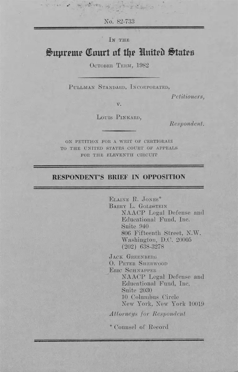 Pullman Standard Incorporated v. Pinkard Respondent's Brief in Opposition preview