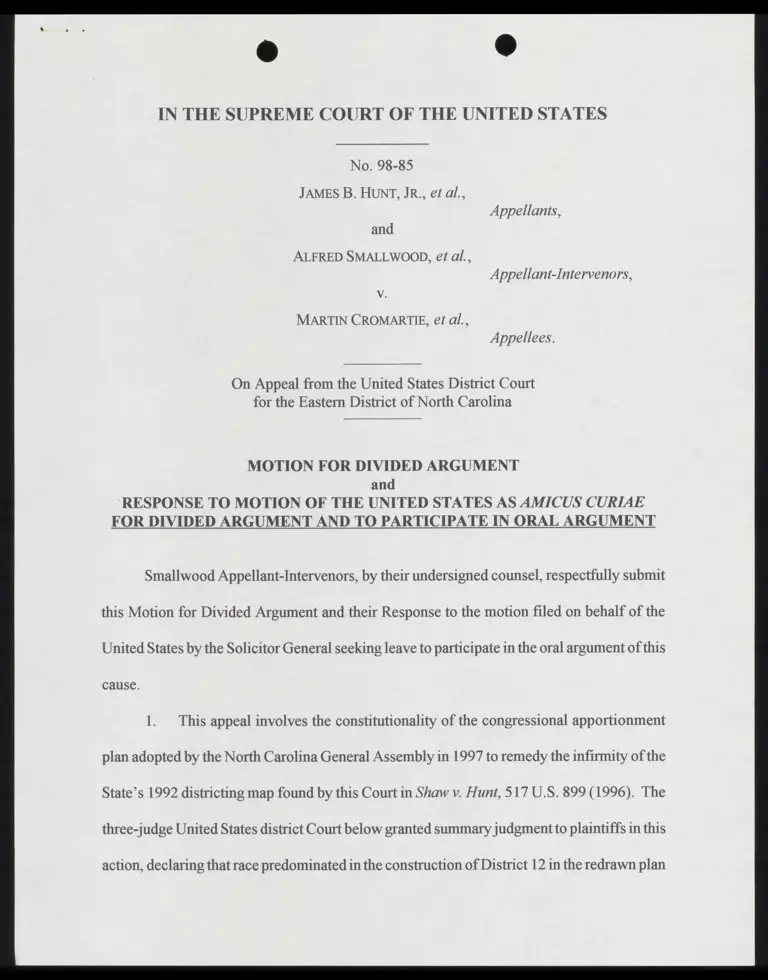 Response to Motion of United States as Amicus Curiae for Divided Argument and to Participate in Oral Argument preview