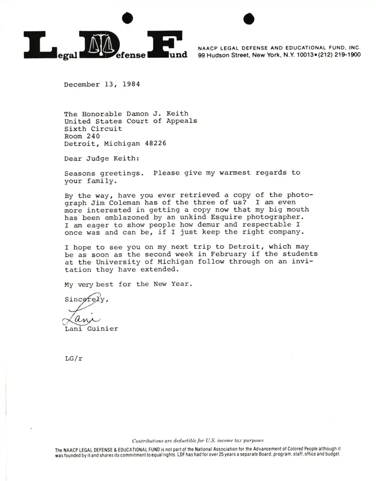Letter from Lani Guinier to the Hon. Damon J. Keith RE: Photograph from Jim Coleman preview