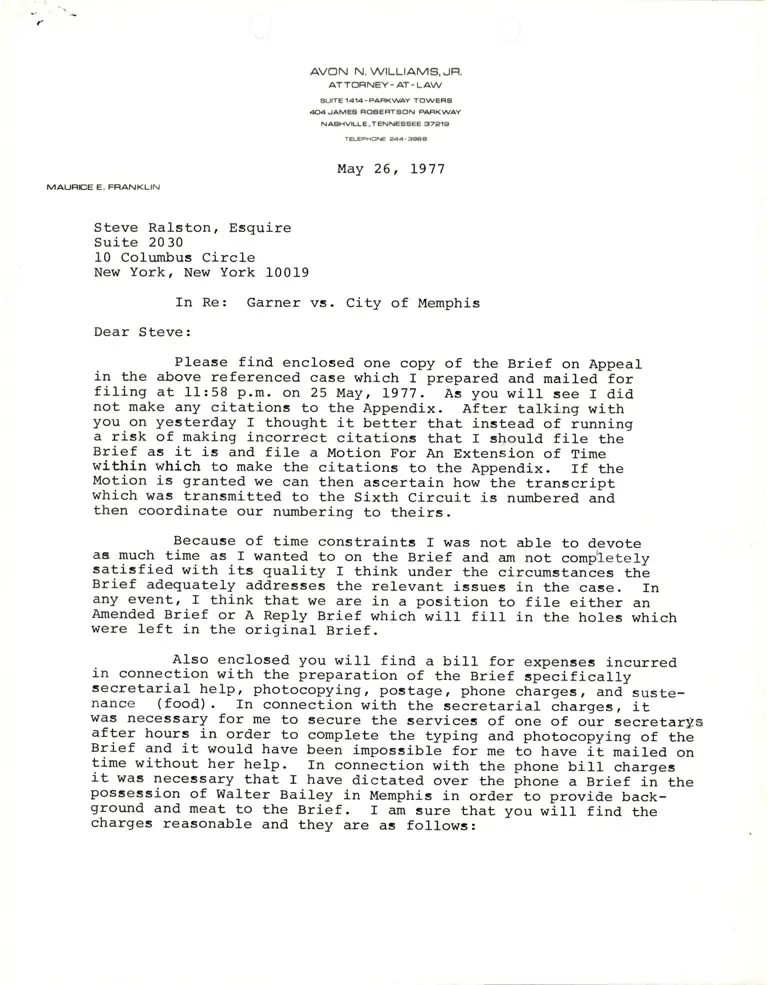 Correspondence from Maurice E. Franklin to Steve Ralston preview