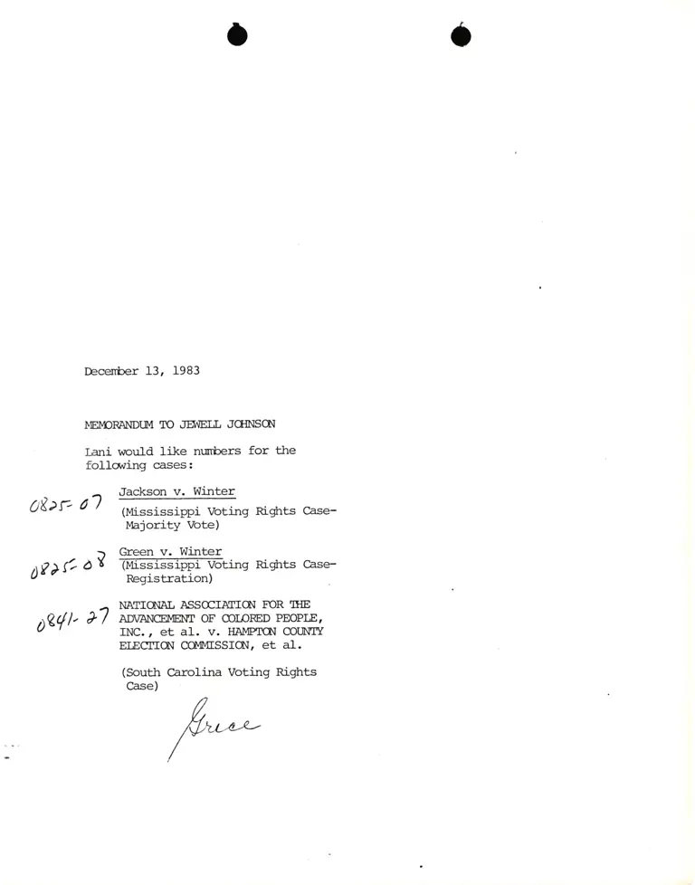 Memorandum from Grace Richardson to Jewell Johnson Re: Voting Rights Case Numbers preview