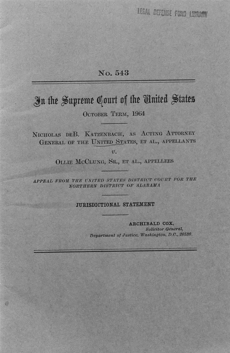 Katzenbach v. McClung Jurisdictional Statement preview