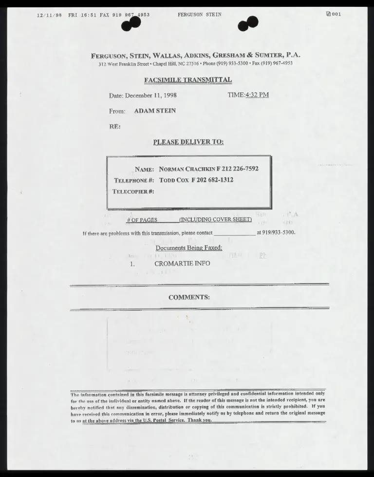 Fax From Stein to Chachkin and Cox RE: Maps and voter registration preview