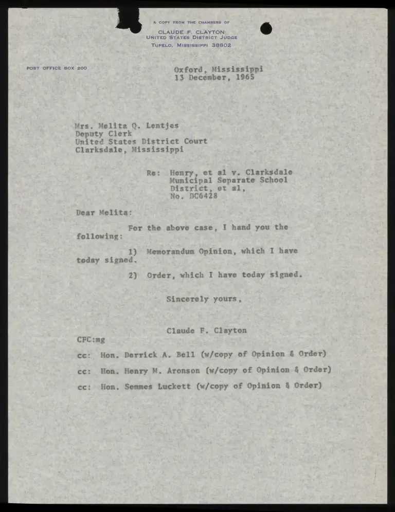 Correspondence from Judge Clayton to Clerk Re: Opinion and Order preview