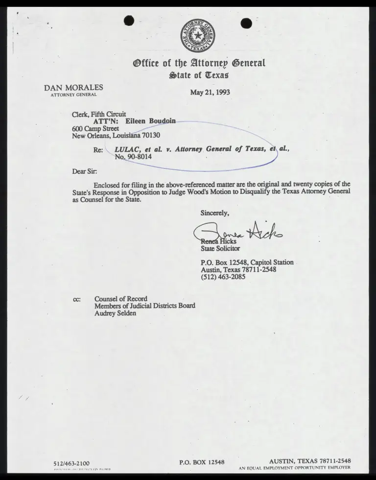 State's Response in Opposition to Judge Wood's Motion to Disqualify the Texas Attorney General as Counsel for the State preview