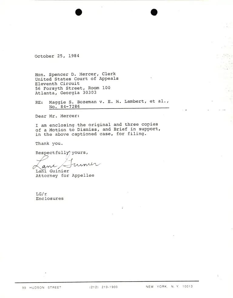 Letter from Lani Guinier to Spencer Mercer (Clerk) RE: Maggie S. Bozeman v. E. M. Lambert, et al. preview