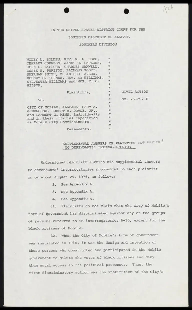 Supplemental Answers of Plaintiff O.B. Purifoy to Defendants' Interrogatories preview