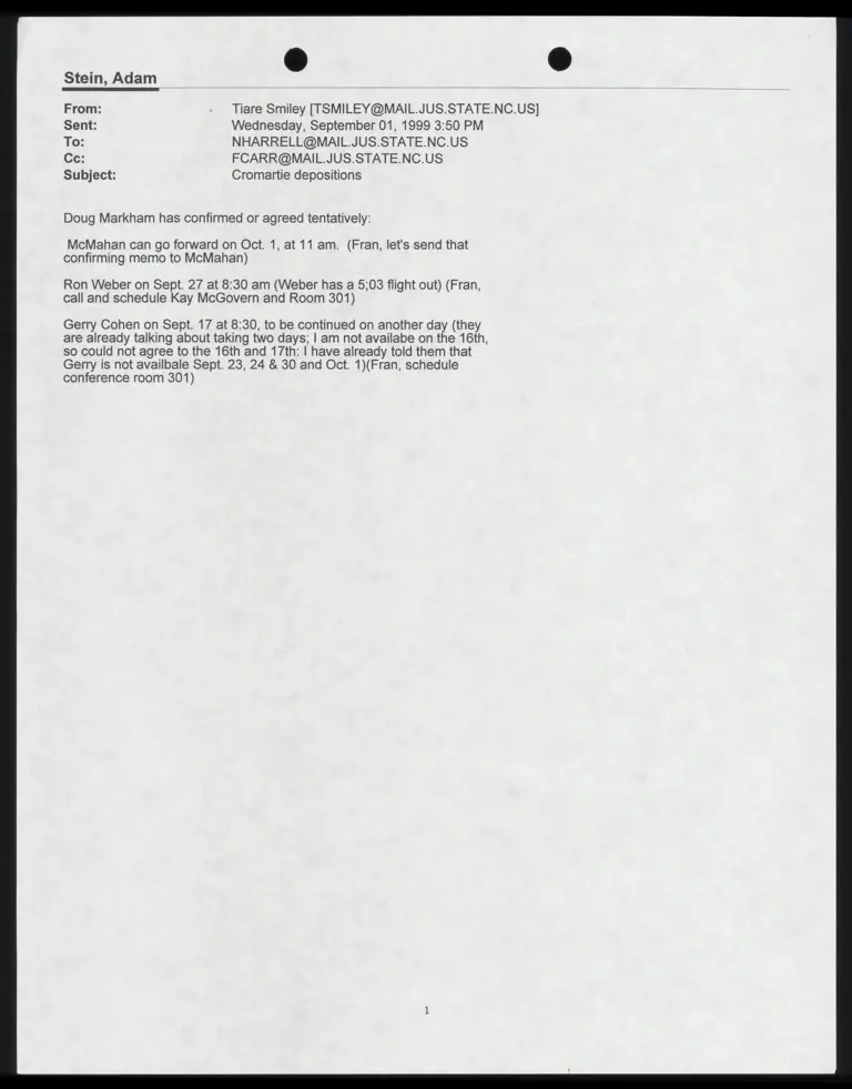 Email from Smiley to Stein Re: Cromartie Depositions preview