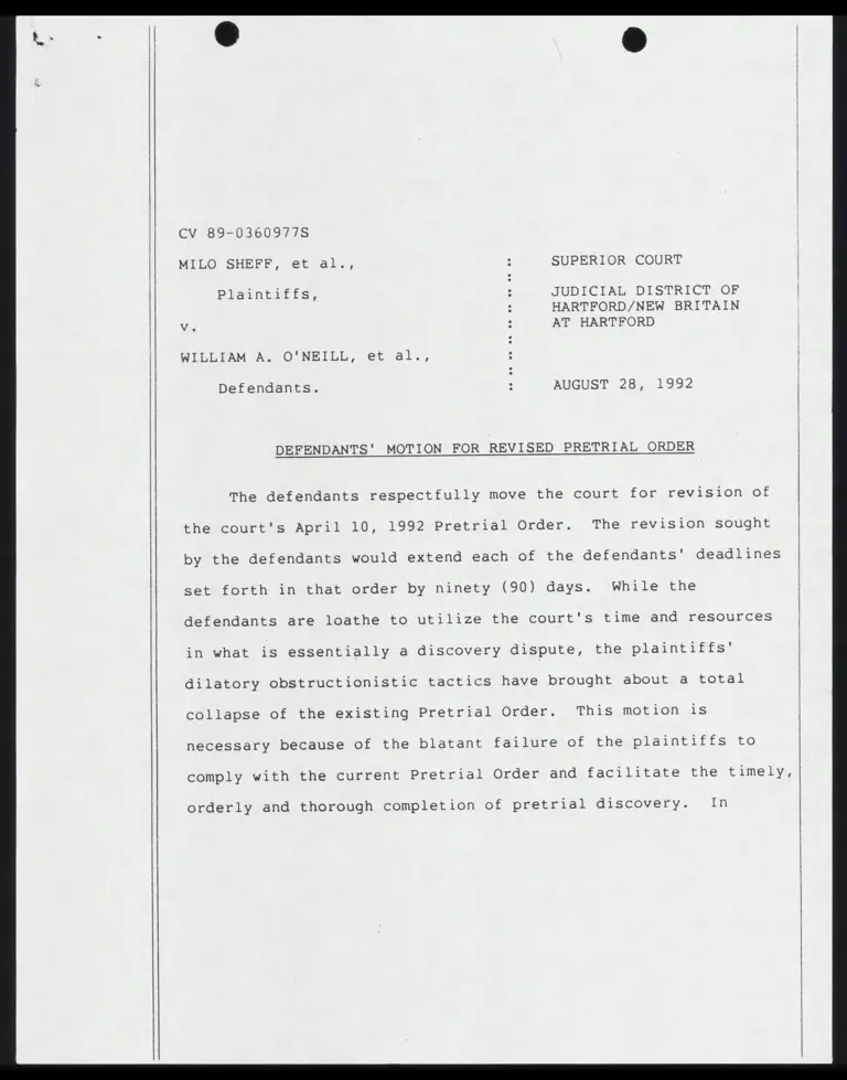 Defendants' Motion for Revised Pretrial Order; Correspondence from Watts to Tegeler preview