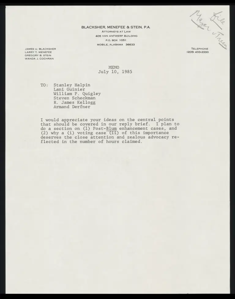 Memorandum from Menefee to Halpin, Guinier, Quigley, Scheckman, Kellogg, and Derfner preview