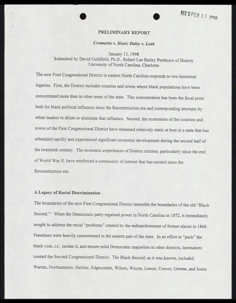 Preliminary Report on Cromartie v. Hunt and Daley v. Leak by Goldfield and Lee preview