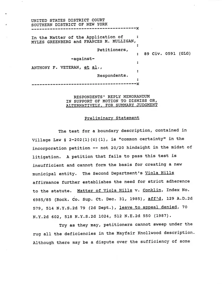 Respondents' Reply Memorandum in Support of Motion to Dismiss or, Alternatively, for Summary Judgement preview