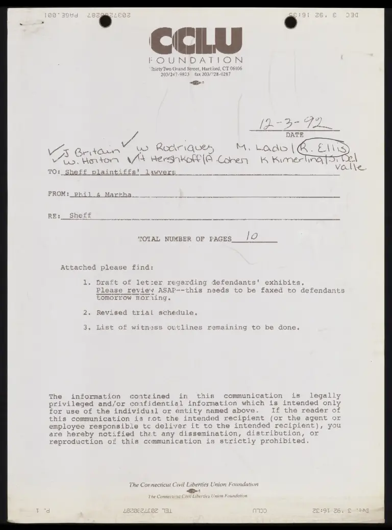 Memo from Tegeler and Stone to Counsel with Draft Letter, Revised Trial Schedule, and List of Witness Outlines preview