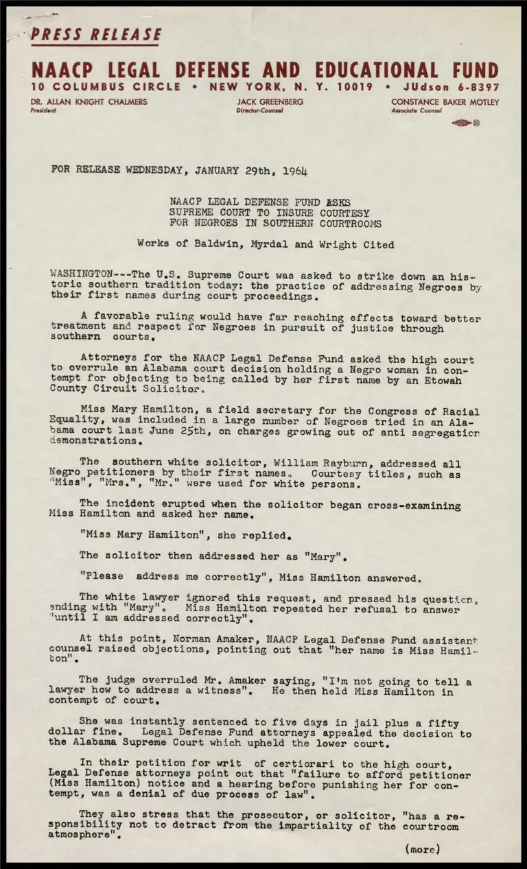 NAACP Legal Defense Fund Asks Supreme Court to Insure Courtesy for Negroes in Southern Courtrooms preview
