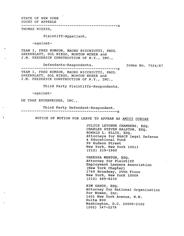 Niesig v. Team I Notice of Motion for Leave to Appear as Amici Curiae preview