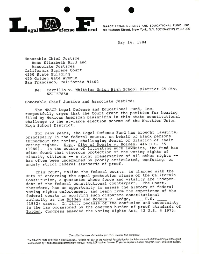 Letter from Guinier to Chief Justice Elizabeth Bird and Associate Justice RE: Carrillo v. Whittier Union High School District preview