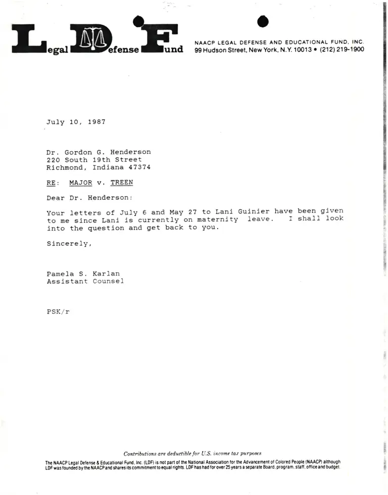 Correspondence from Pamela Karlan to Dr. Gordon G. Henderson Re Major v. Treen preview