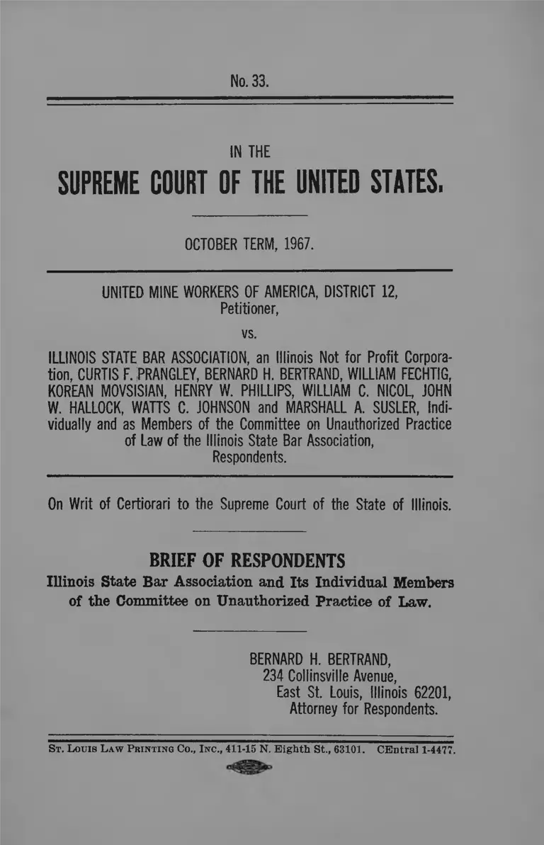 United Mine Workers of America, District 12 v. Illinois State Bar Association Brief of Respondents preview