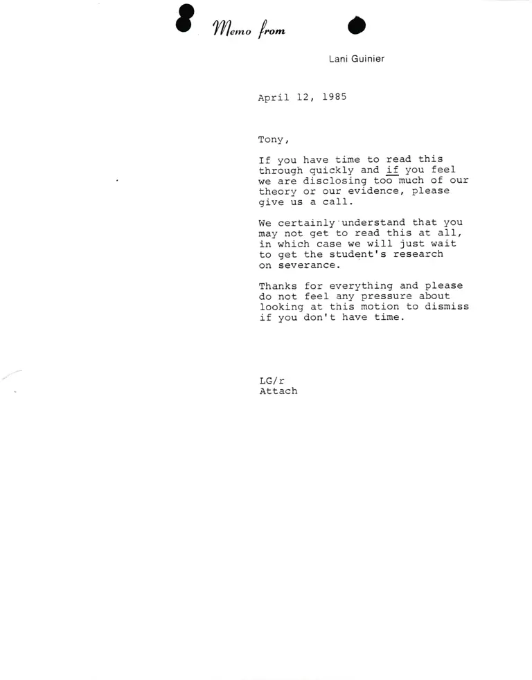 Correspondence from Lani Guinier to Tony (Amsterdam) preview