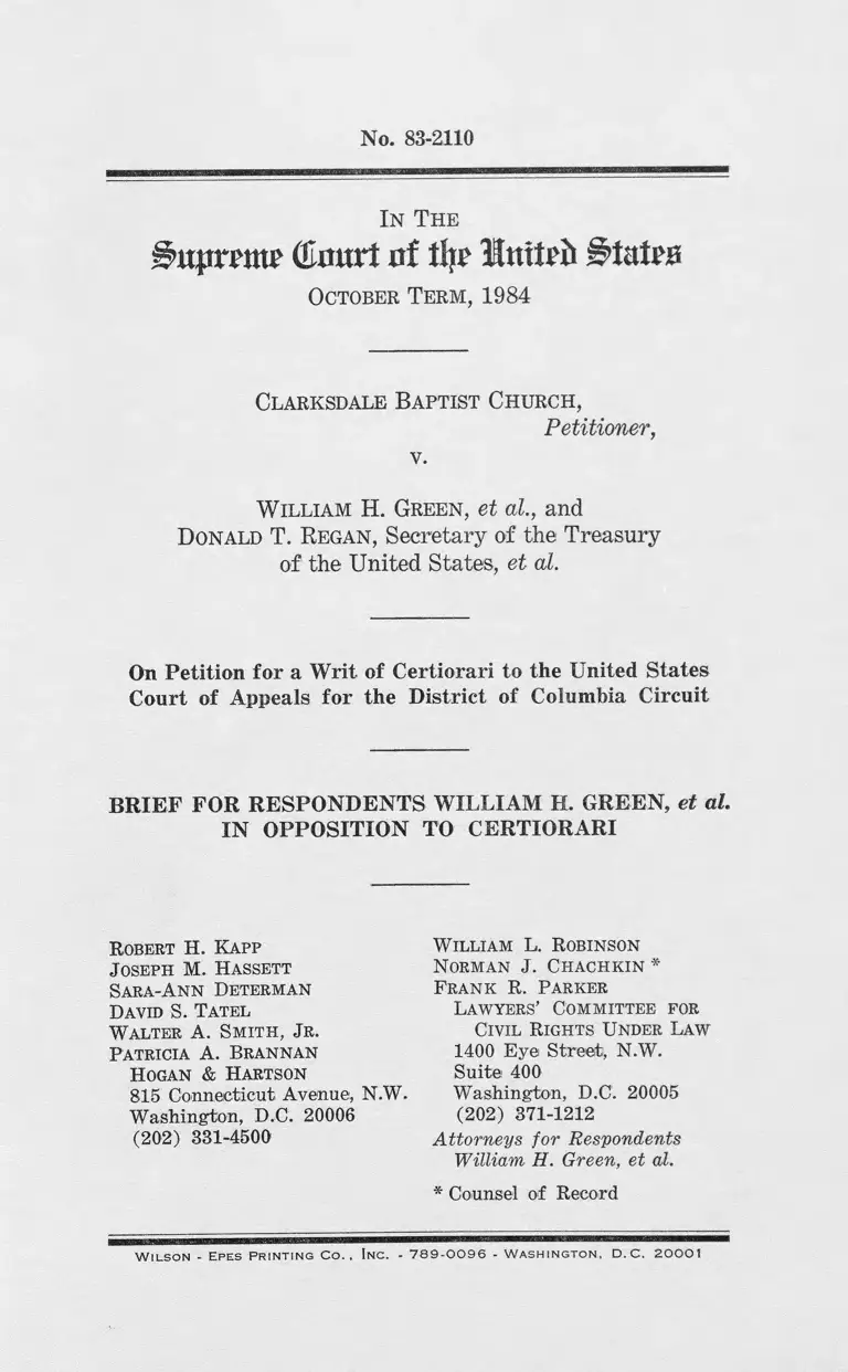 Clarksdale Baptist Church v. Green Brief for Respondents William H. Green in Opposition to Certiorari preview