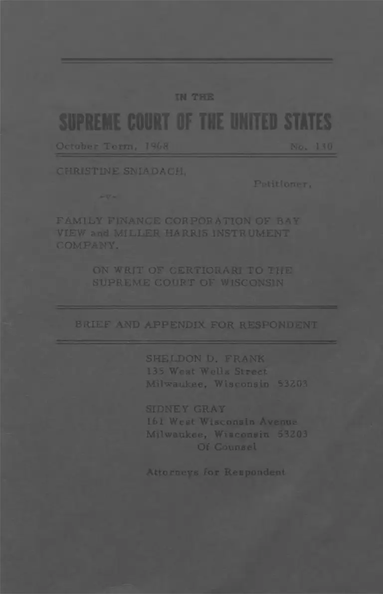 Sniadach v Family Finance Corp Brief and Appendix for Respondent preview