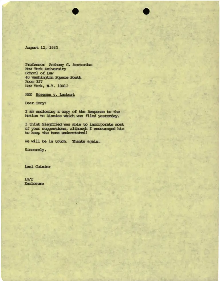 Correspondence from Lani Guinier to Prof. Anthony G. Amsterdam Re: Bozeman v. Lambert preview