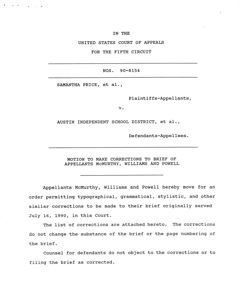 Price v. Austin Independent School District Motion to Make Corrections to Brief of Appellants preview