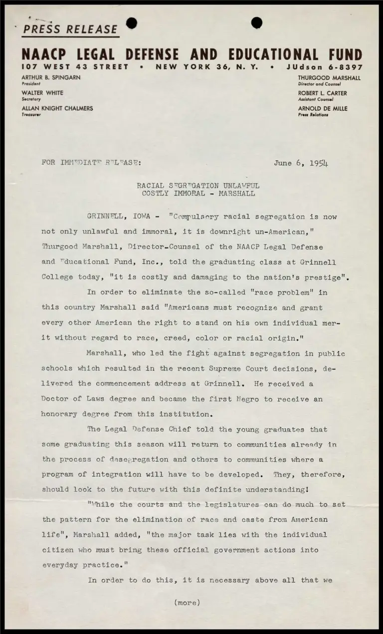 Racial Segregation Unlawful Costly Immoral - Marshall preview