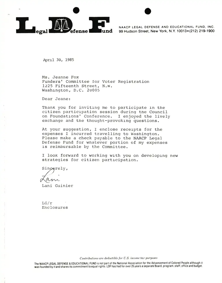 Correspondence from Lani Guinier to Jeanne Fox (Funders' Committee for Voter Registration) preview
