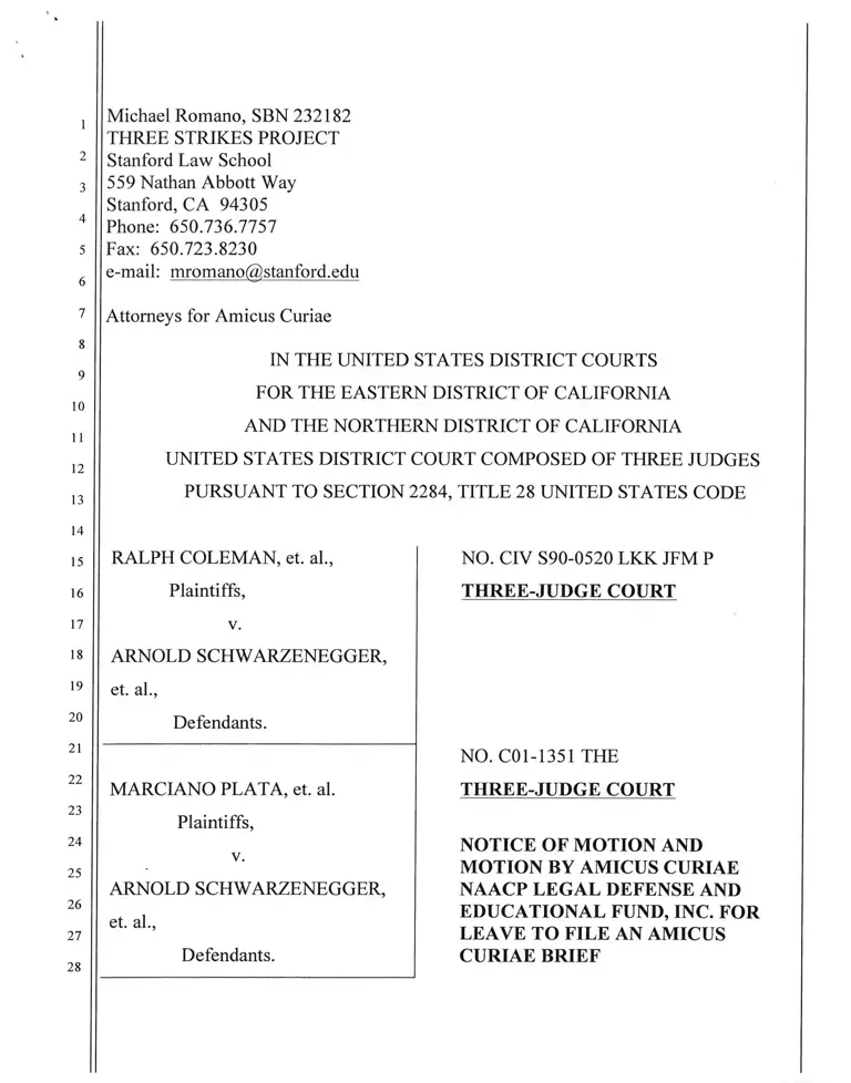 Coleman v Schwazenegger Motion Amicus Curiae preview