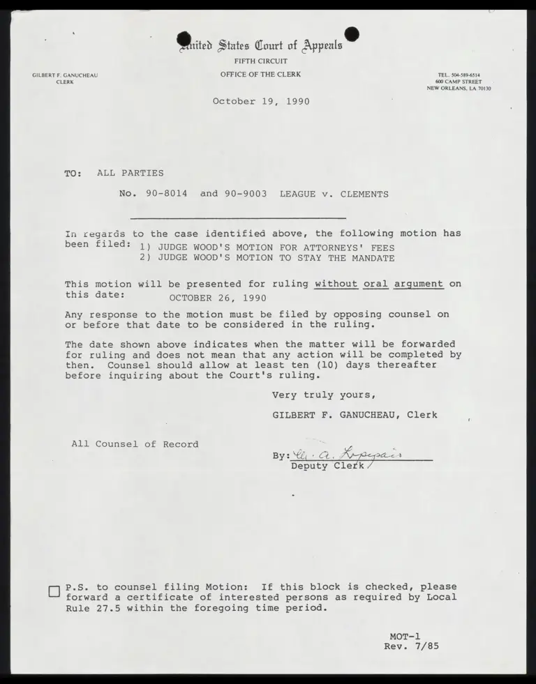 Correspondence from Clerk to All Parties Re: Filing of Wood's Motions preview