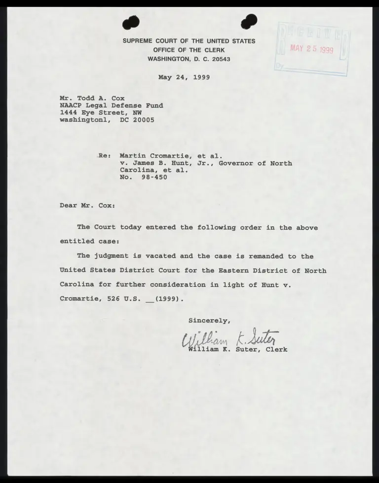 Letter from Court to Cox RE: Order/Judgement preview