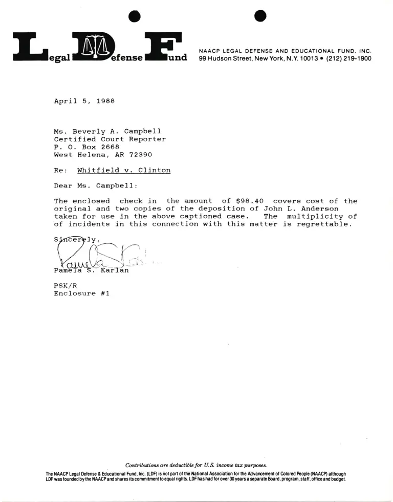Correspondence from Pamela Karlan to Beverly A. Campbell (Court Reporter) Re Whitfield v. Clinton preview