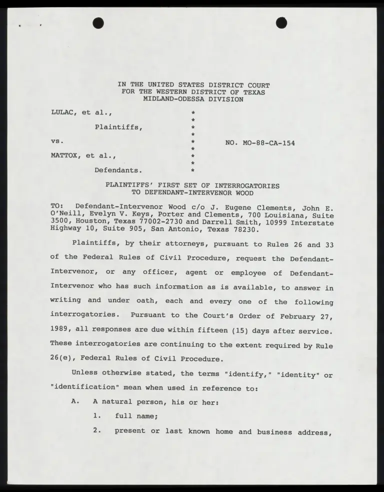 Plaintiffs' First Set of Interrogatories and First Request for Production to Defendant-Intervenors Wood; Thirteen Defendant-Intervenors from Travis County; and to Entz preview