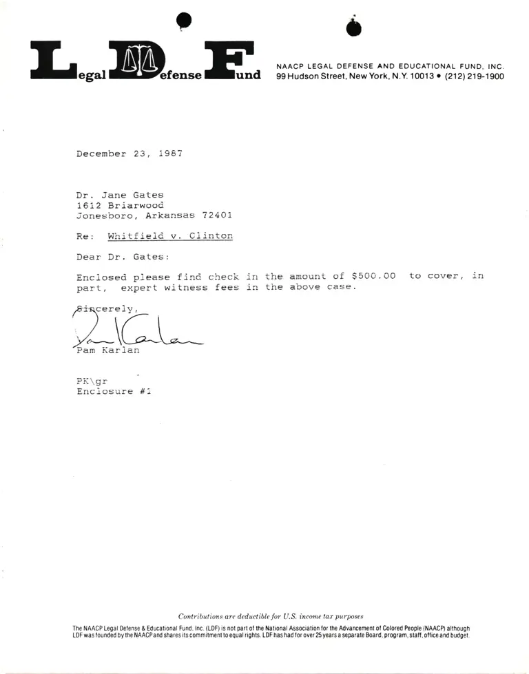 Correspondence from Pamela Karlan to Dr. Jane Gates Re Whitfield v. Clinton preview