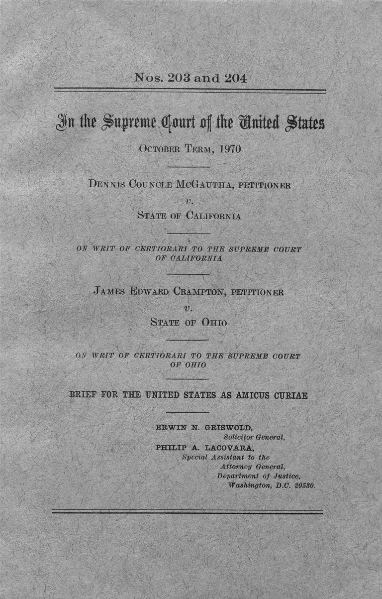 McGautha v. State of California Brief Amicus Curiae for the United States preview