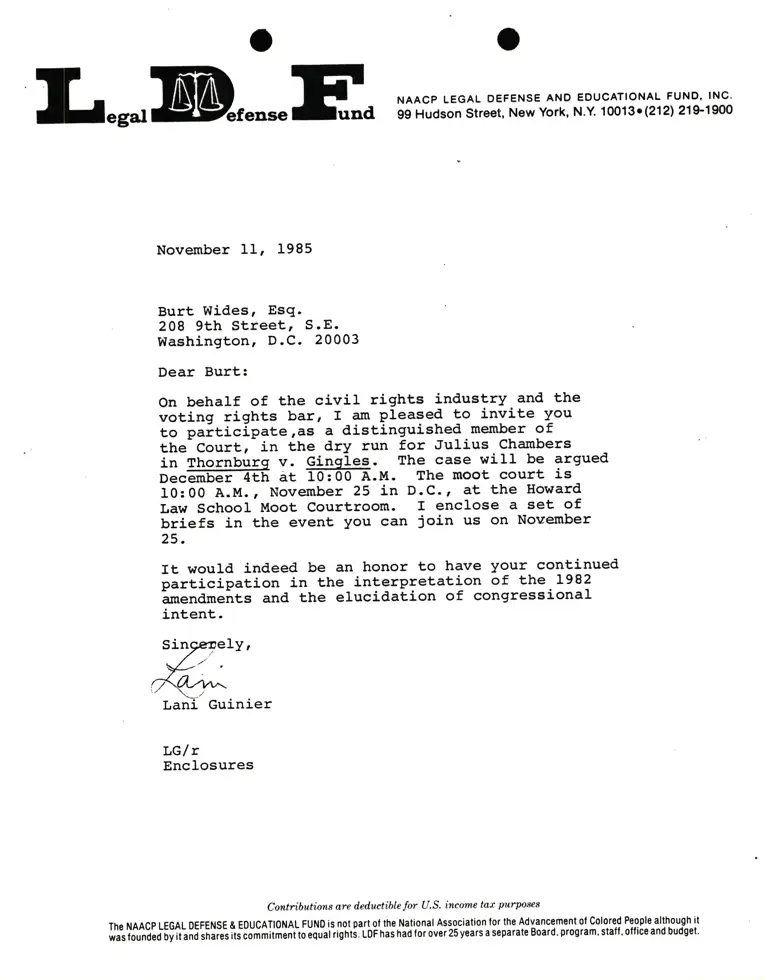 Correspondence from Lani Guinier to Burt Wides Re Thornburg v. Gingles preview
