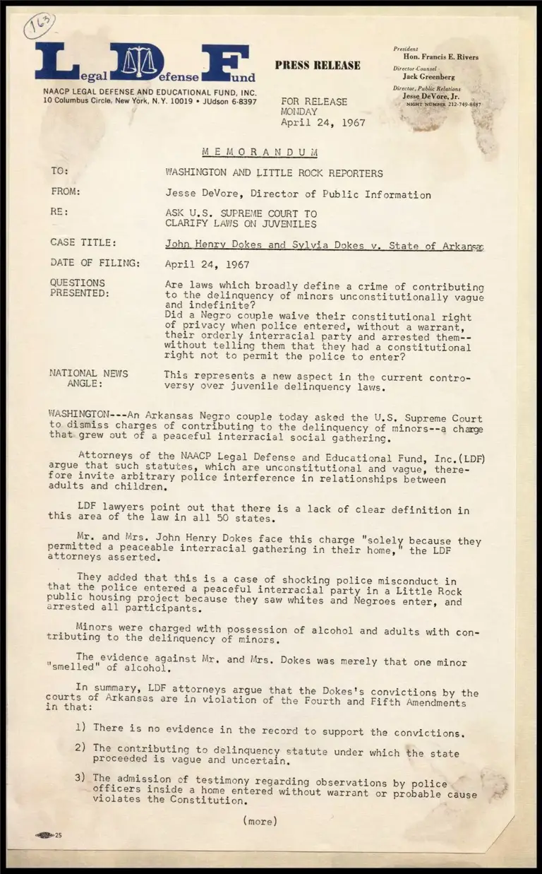 Memorandum on Dokes v. Arkansas - Asks U.S. Supreme Court to Clarify Laws on Juveniles preview