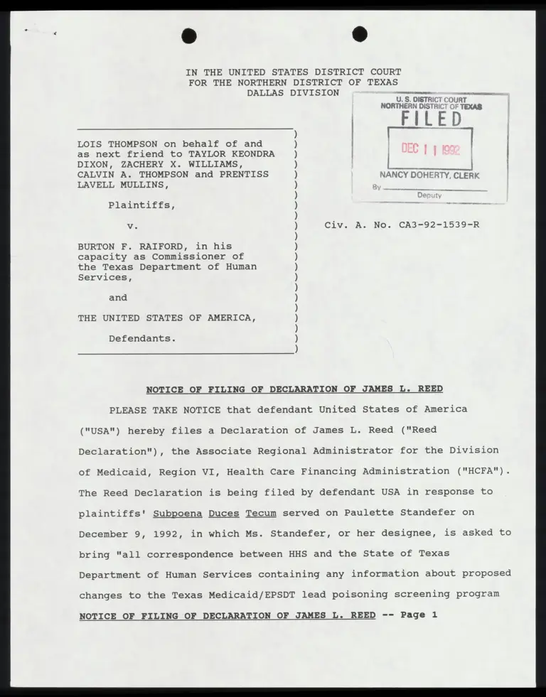 Notice of Filing of Declaration of James L. Reed preview