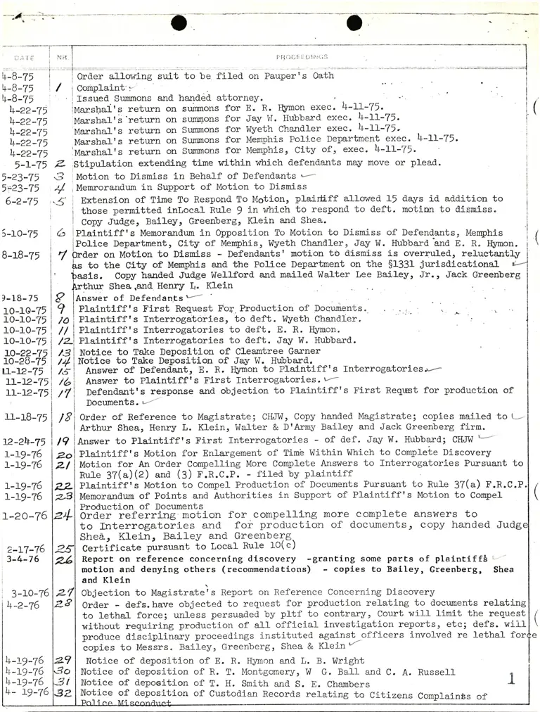 Index of Docket Entries preview