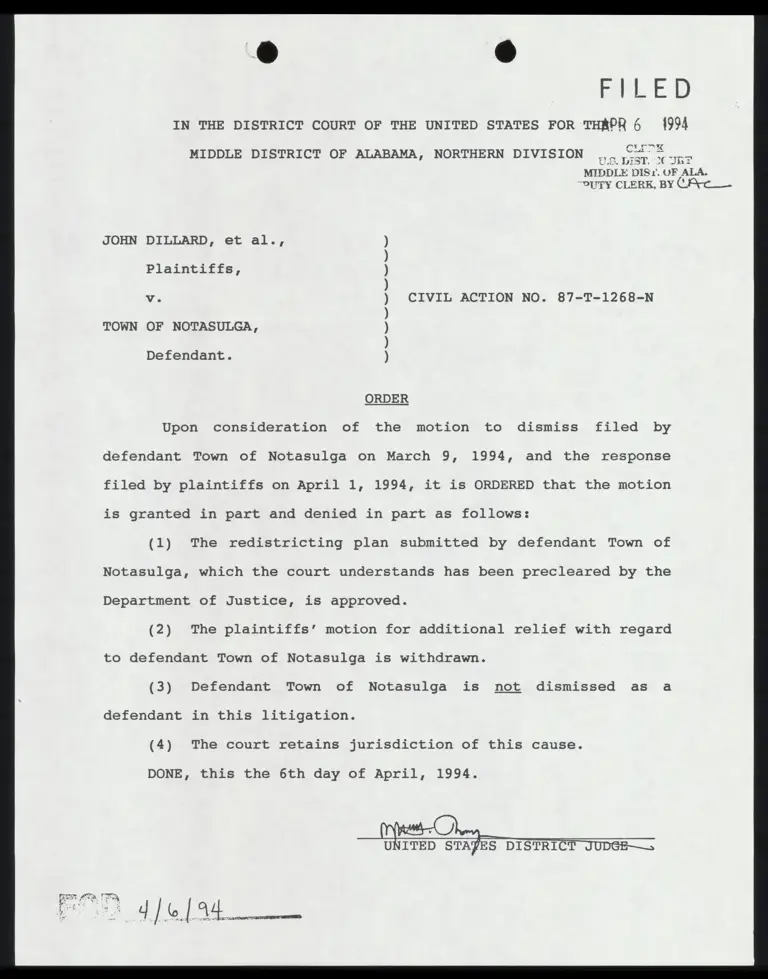 Dillard v. Town of Notasulga Order Approving Redistricting Plan preview