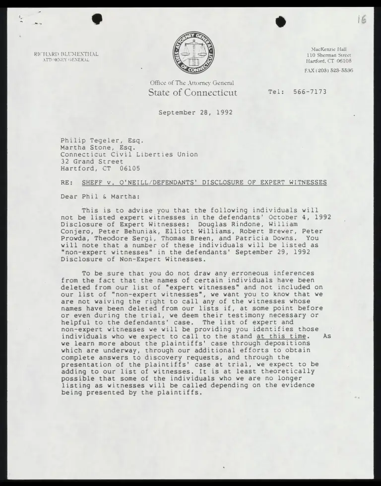 Letter from Court to All Counsel RE: Disclosure of Expert Witnesses preview