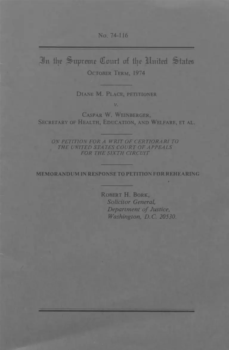 Place v. Weinberger Memorandum in Response to Petition for Rehearing preview