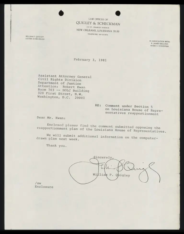 Comment submitted to Justice Dept objecting to Reapportionment Plan of Louisiana House of Reps with appendices and cover letter preview