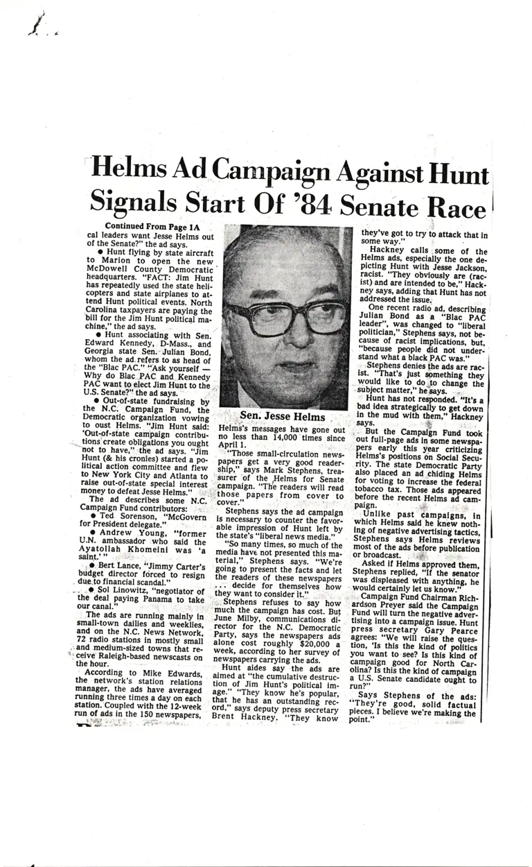 Helms Ad Campaign Against Hunt Signals Start of '84 Senate Race (Charlotte Observer) preview