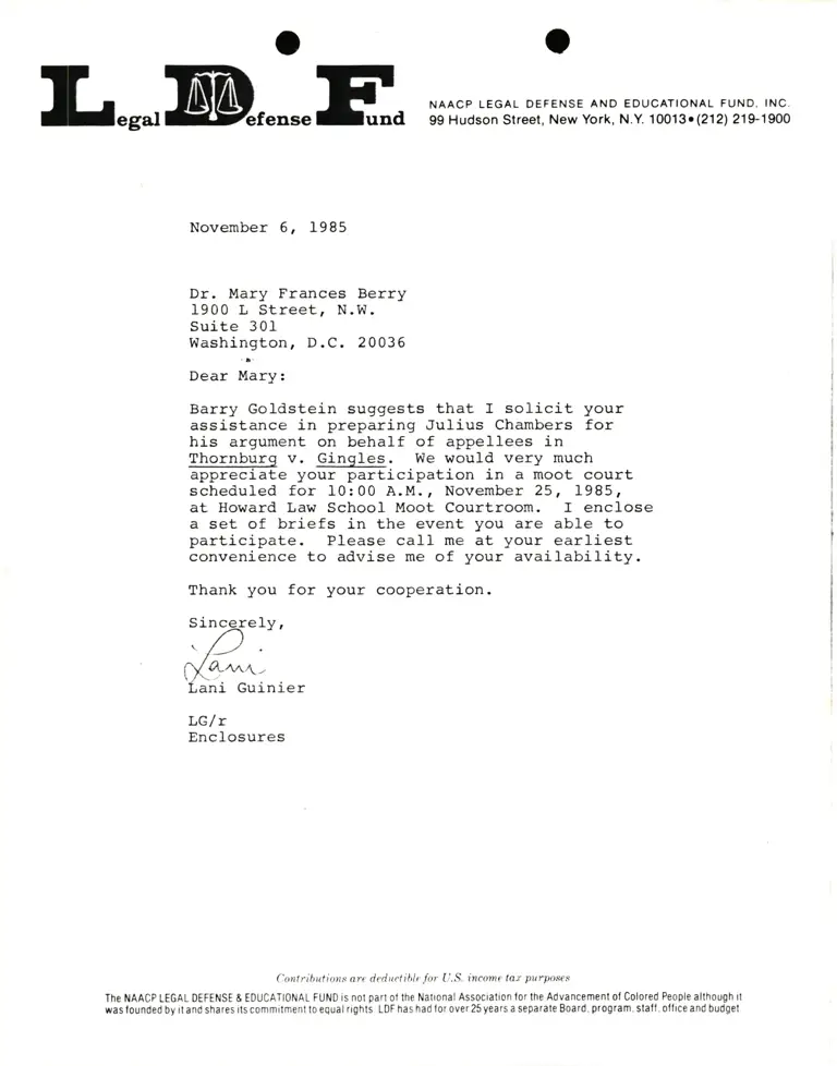 Correspondence from Lani Guinier to Mary Frances Berry Re: Thornburg v. Gingles preview