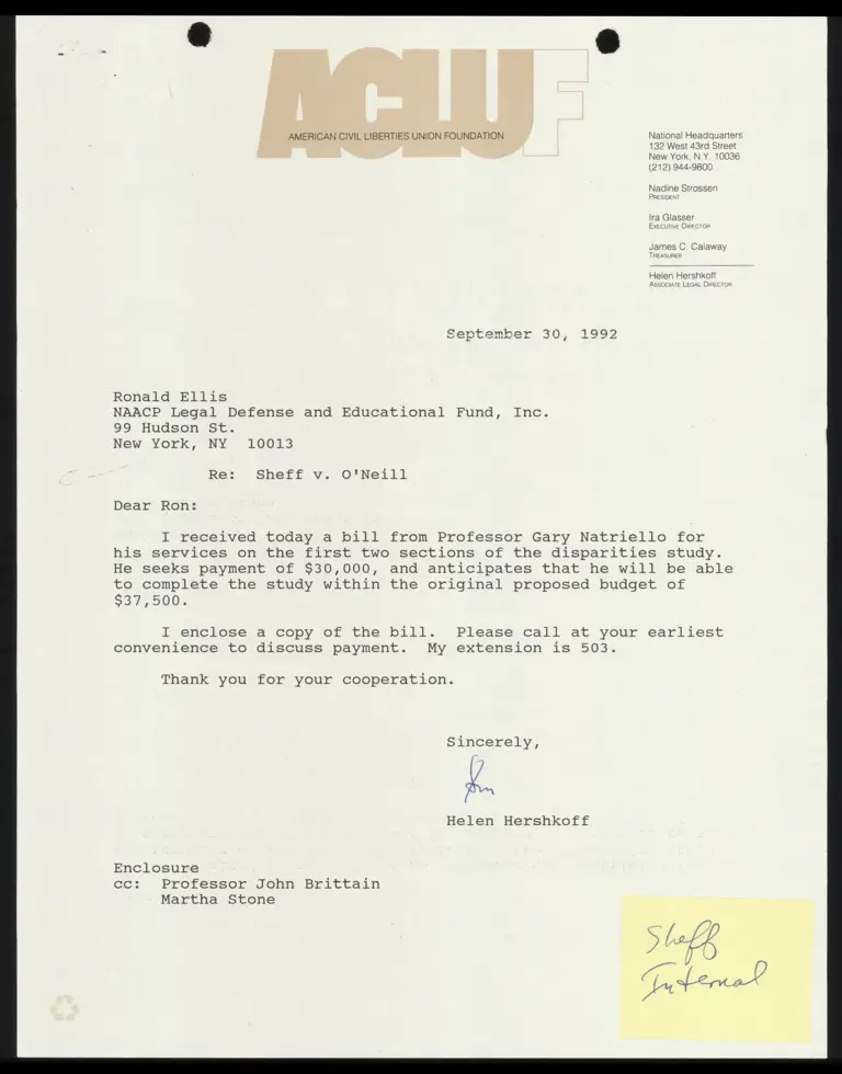 Correspondence from Hershkoff to Ellis Re: Reimbursements preview