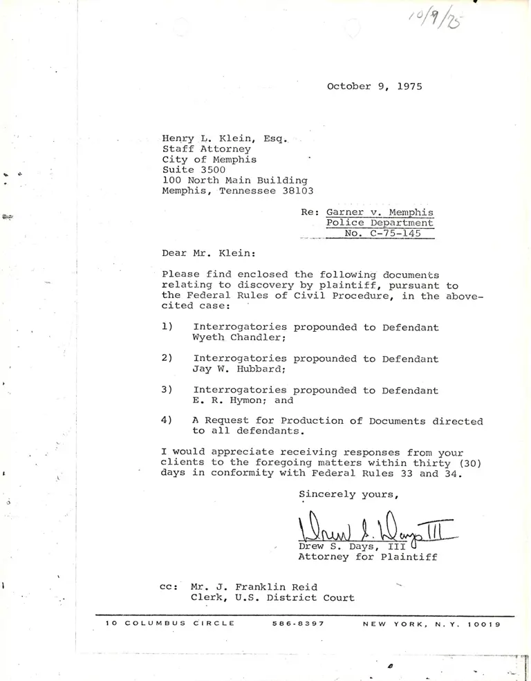 Correspondence from Days to Clerk on Interrogatories preview