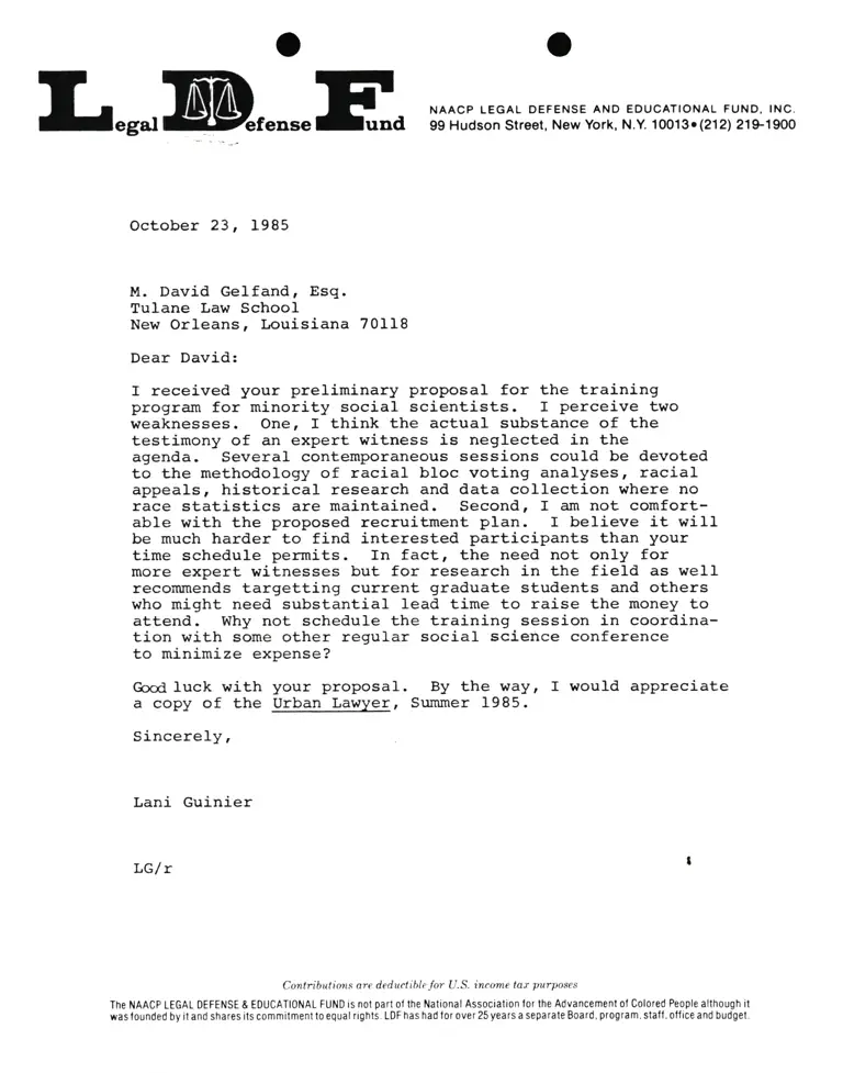 Correspondence from Lani Guinier to M. David Gelfand, Esq. (Tulane Law School) preview