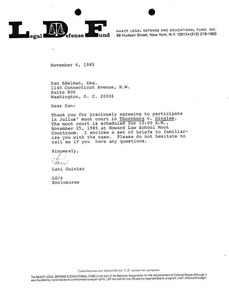 Correspondence from Lani Guinier to Dan Edelman Re Thornburg v. Gingles preview